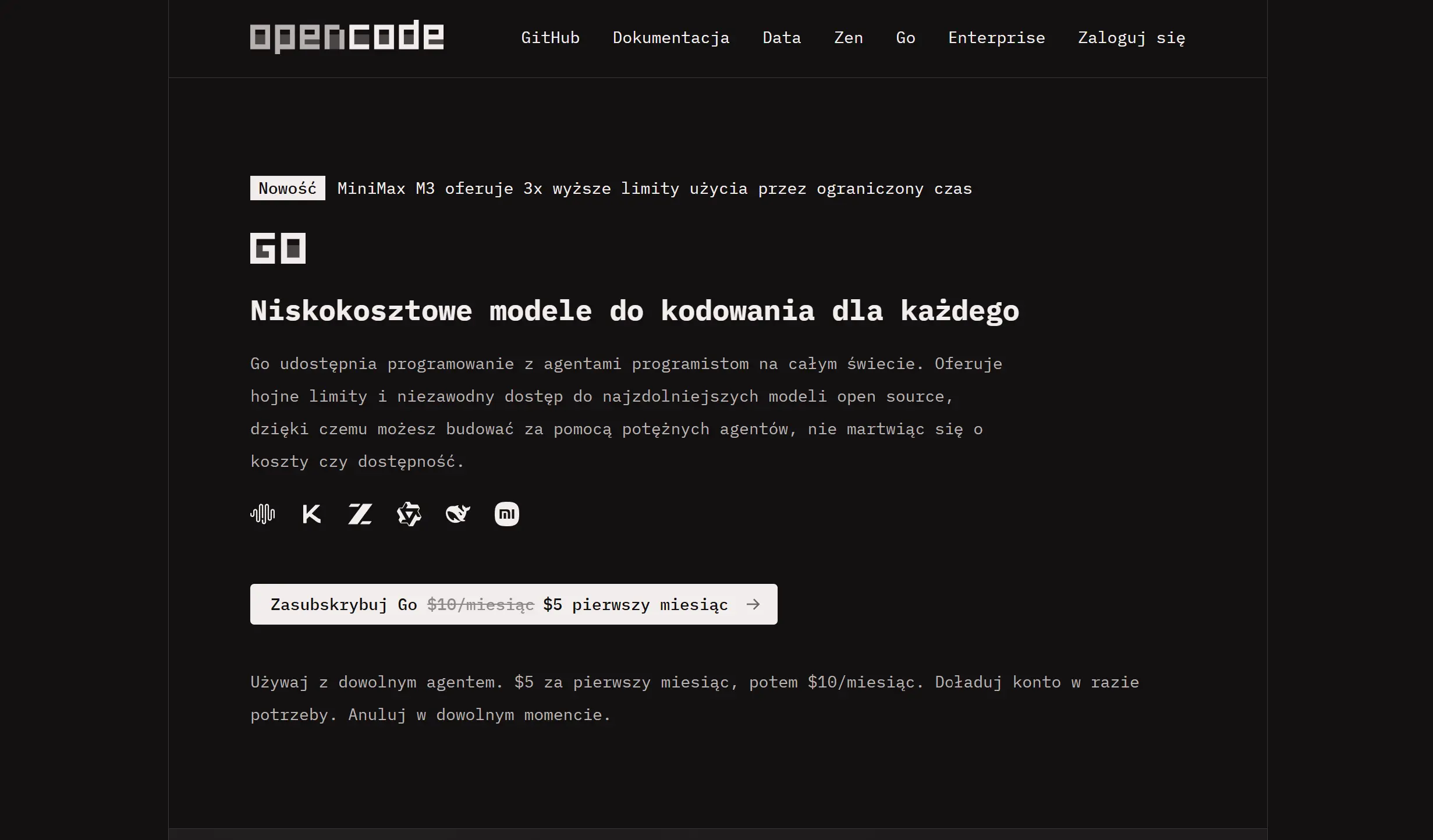 Strona oferty OpenCode GO z informacją o cenie i dostępnych modelach