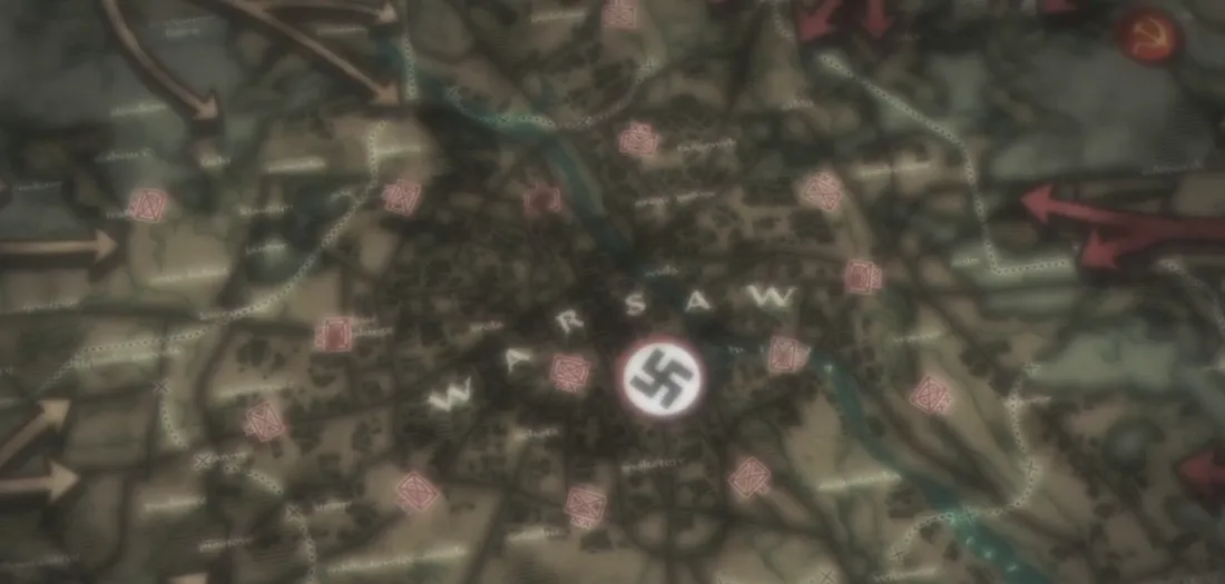 Klatka z produkcji Hellsing: The Dawn przedstawiająca rys fabularny w anime z nawiązaniem do okupacji nazistowskiej.